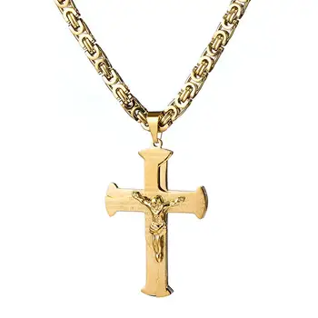 

Charming Gold Stainless Steel Jesus Christian Cross Pendant Rock Men's Women's Necklace Jewelry With Byzantium Chain 18-40''