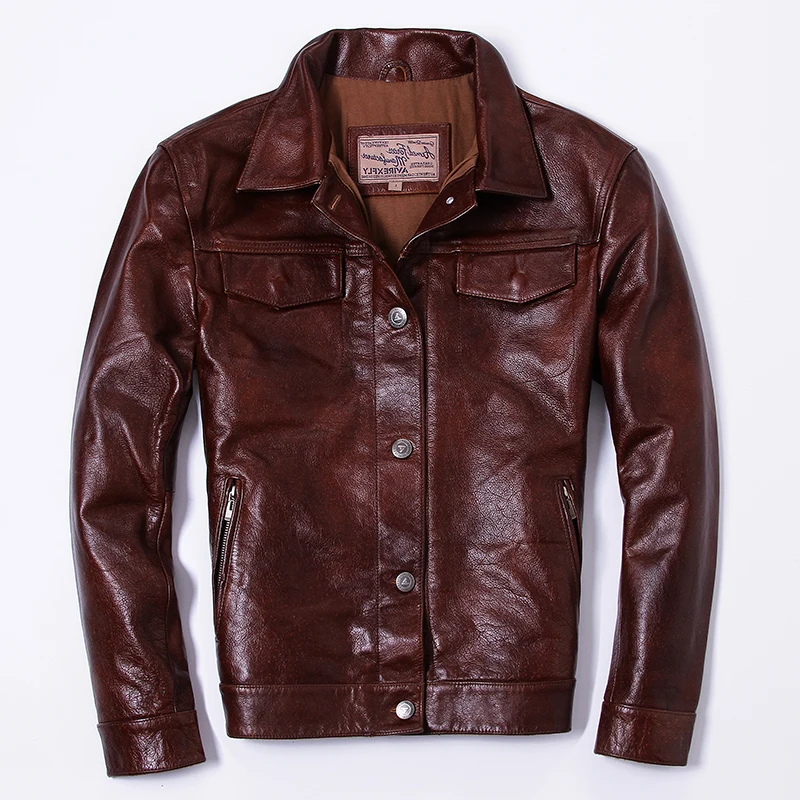 

Avirex Fly Genuine Jacket Man Casual Cowhide Real Leather Lapel Slim Fit Short Brown Coat for Male