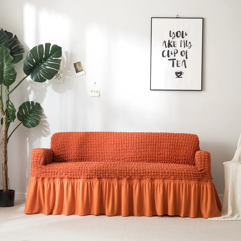 Европейский эластичный чехол на диван универсальный все включено стрейч один двойной три Четырехместный сплошной цвет пузырь юбка диване чехлы - Цвет: dark orange