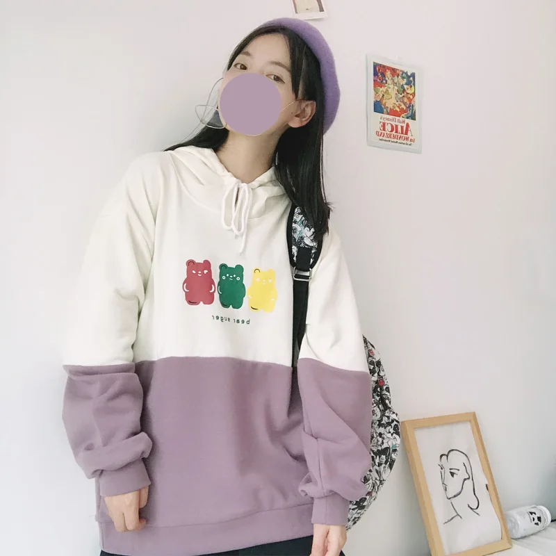 Purple Японский мультфильм Цветной медведь печать Для женщин толстовки молодая девушка, студентка в стиле пэчворк с длинными рукавами толстовка с капюшоном; топы - Цвет: Purple
