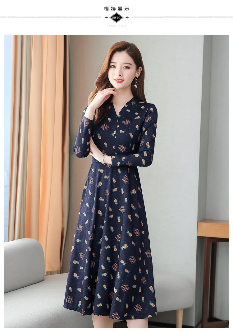 Винтажное Хлопковое платье миди с принтом, Осень-зима, 5XL размера плюс, синее платье с длинным рукавом, элегантные женские облегающие вечерние платья