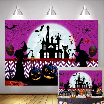 

Halloween Party Backdrop Decoration Witch Horror Pumpkin Lantern Castle Photocall Background Bat Big Full Moon Photography Props