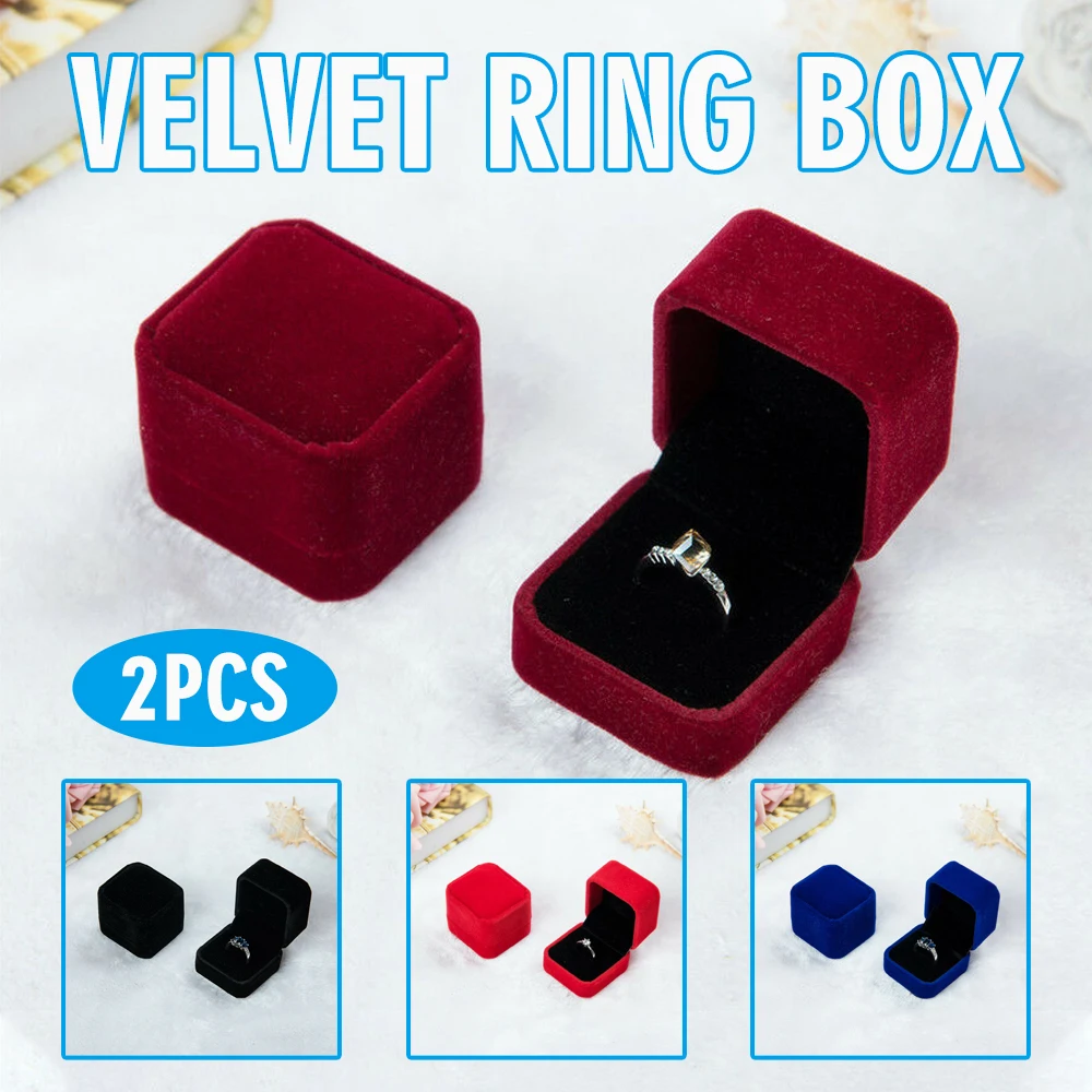 2pcs/set Velvet Ring Box Empty Square Wedding Rings Display W/Lid Dustproof Jewelry Packaging Case For Proposal Engagement 2pcs wooden ring clamp jewelry making benchwork professional hand tool setting engraving repair polishing rings tools