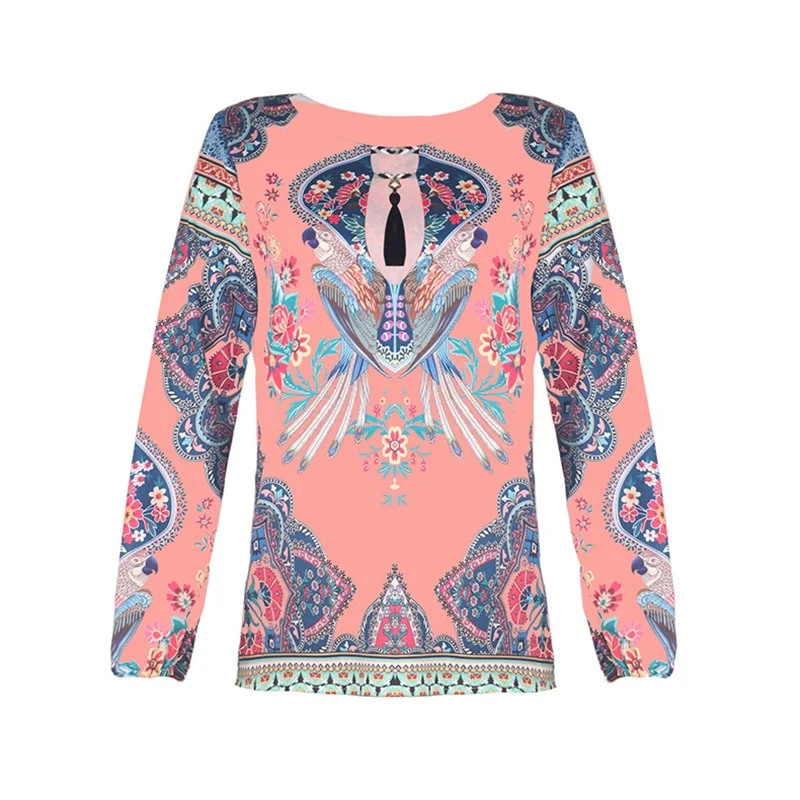 Блузки женские Boho блузка с цветочным принтом фонарь рукав рубашка сексуальные кружева кисточкой o-образным вырезом Женские топы весна лето блузки