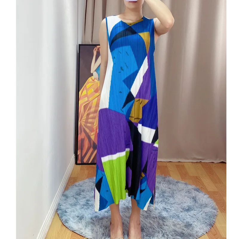 [DEAT] 2020 New Summer Fashion Pleated Dress Women Hit Color Print Csaul Sleeveless Loose Over Size Elegant Round Collar TX069