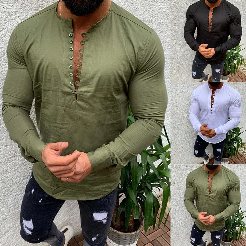 

CYSINCOS Men's Blouse Cotton Linen shirt Loose Tops Long Sleeve Shirts Solid Leisure Fitness Pullovers Camisa Sweatshirts 2019