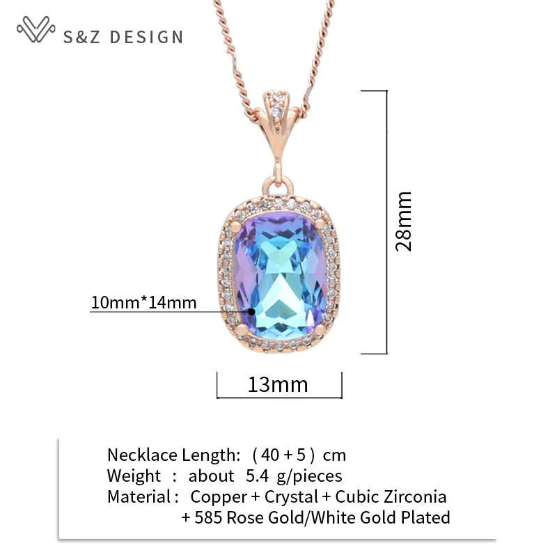 S&Z DESIGN Trendy Cubic Zirconia Square Crystal Pendant Necklace For Women Wedding 585 Rose Gold Color Fashion Jewelry