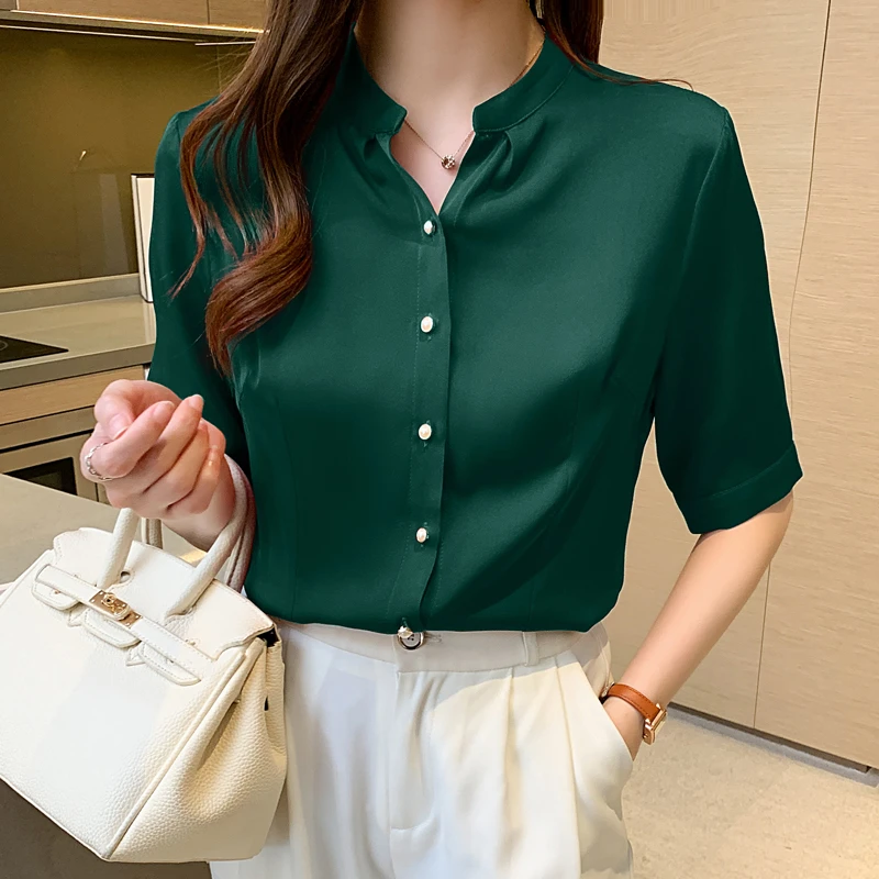 Short-sleeved Shirt Female 2021 Summer Green Women Elegantes Fashion Clothing Satin Chiffon Blouses Blusas Tops Mujer Solid 1095 Women Shirt - AliExpress