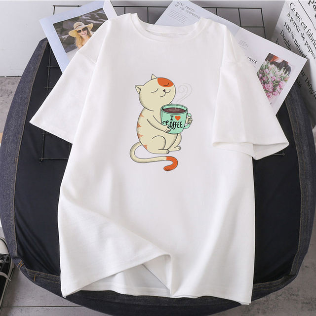 Love Cat Print O-neck 2021 T-shirts Woman Hip Hop Streetwear Tops Fashion High Quality Clothing Short Sleeve Tees K-pop Female