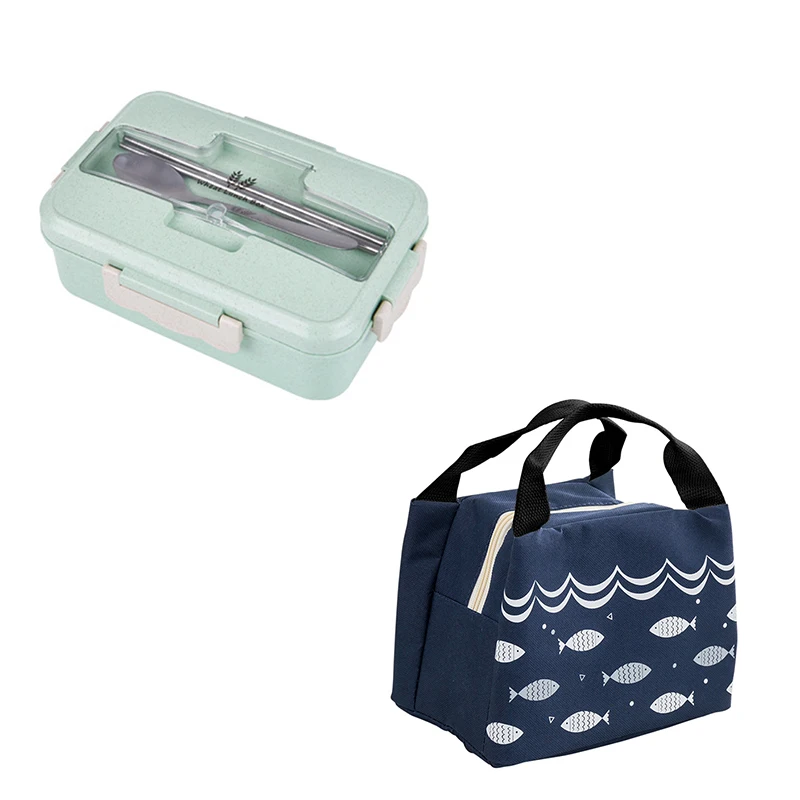 Green with Bag 1200 мл здоровый материал Ланч-бокс Пшеничная солома Bento коробки микроволновая посуда контейнер для хранения продуктов Ланчбокс - Цвет: Green with Bag