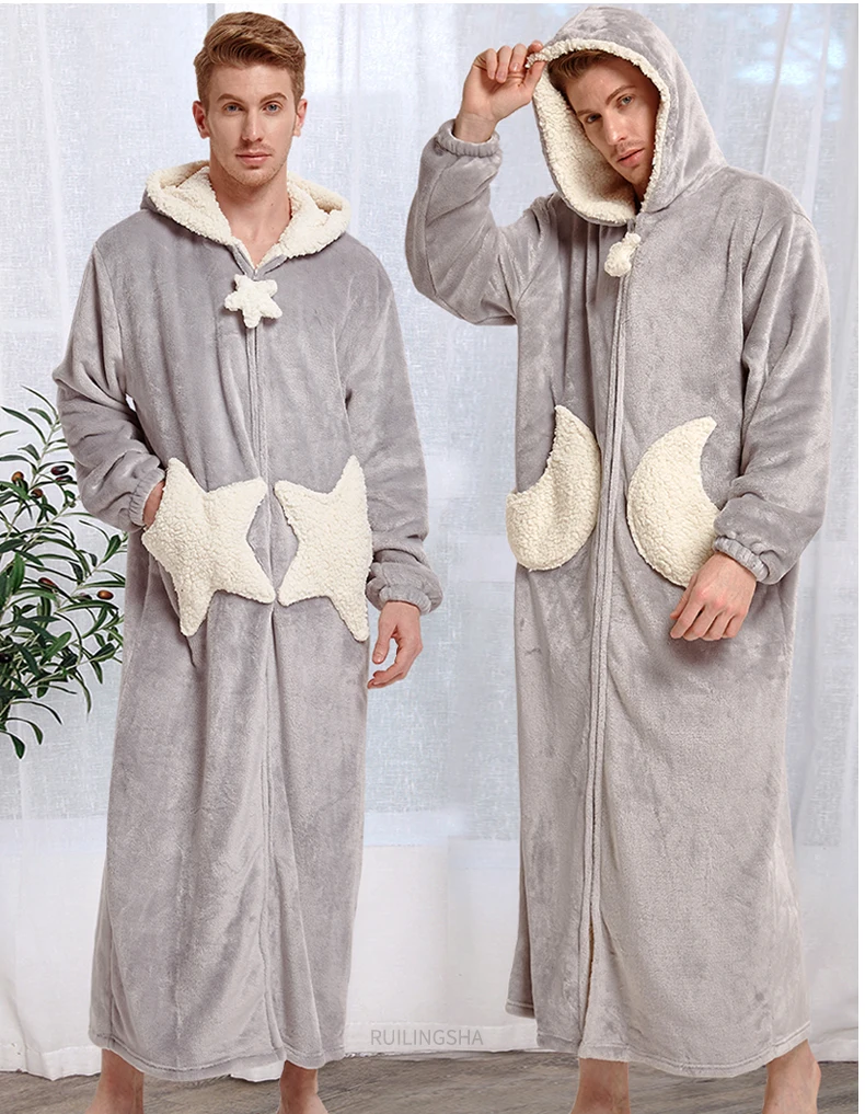 Теплый фланелевый Халат больших размеров для мужчин и женщин, длинный теплый флисовый банный халат со звездой и луной, ночная одежда с капюшоном, ночная одежда для сна