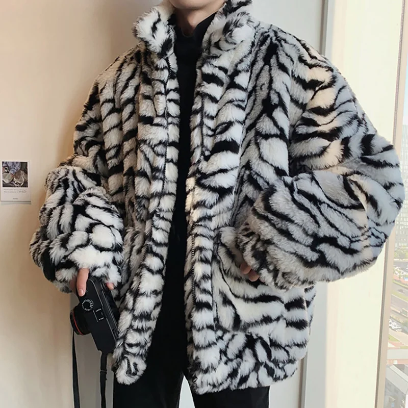 Мужская Флисовая пушистая Куртка С Рисунком Тигра, джемпер, верхняя одежда, негабаритная теплая верхняя одежда, мужские куртки с имитацией меха тигра