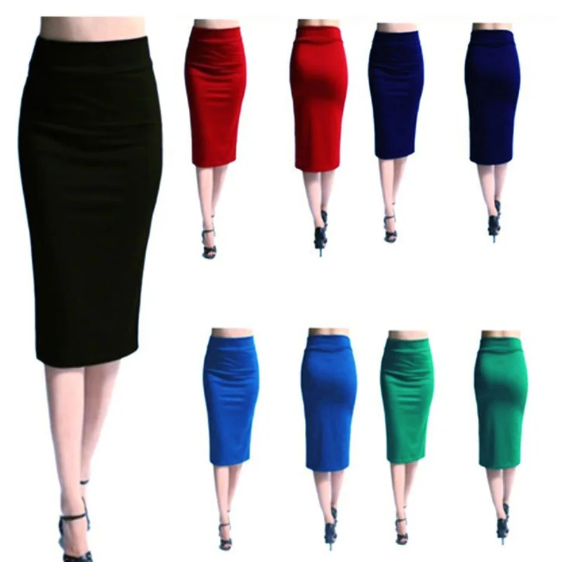 

LJCUIYAO 2020 New Women Skirt Bodycon Skirt Office Women Slim Knee Length High Waist Stretch Sexy Pencil Skirts Femme Black Red