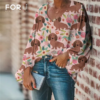 

FORUDESIGNS Women Blouse Cute Animal Dachshund Pattern Summer Casual Large Size Female Loose Blouse Shirt V-neck Clothing Mujer
