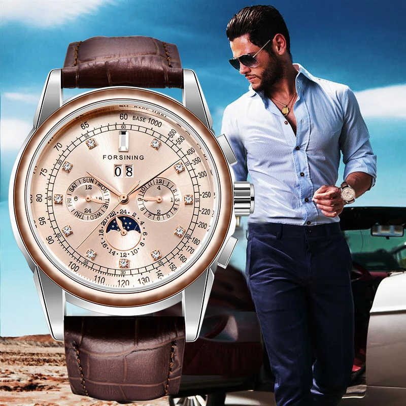 

Fashion FORSINING Top Brand Simple Men Watches Casual Auto Mechanical Genuine Leather Strap Watch Rhinestone Moon Phase Display