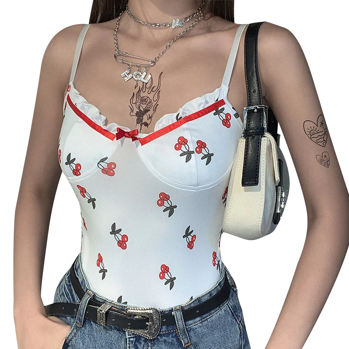 Women Rompers Sexy Cami Bodysuit, Spaghetti Strap V Neck Cherry Print Backless Bodycon Jumpsuit