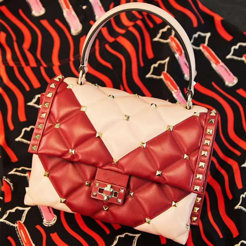 

Autumn New Fashion Crossbody Rivet Bag Female 2019 New Genuine Leather Personality Handbag Diamond Lattice Women Handbag