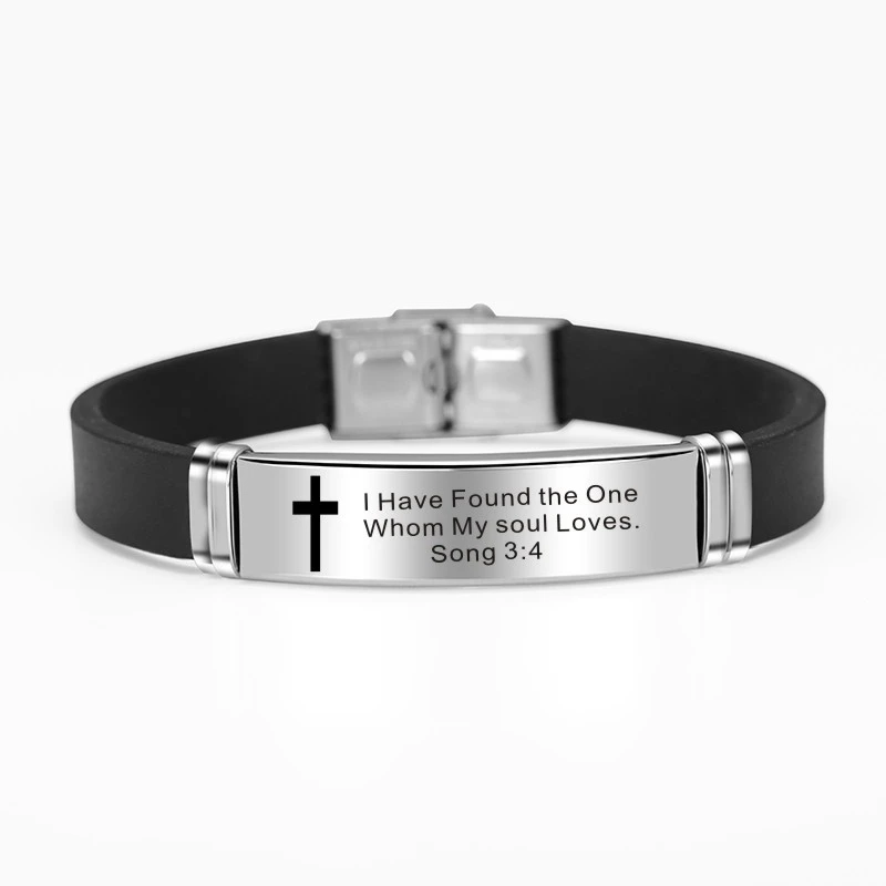 Mens Silver Black Stainless Steel Cross Bible Verses Wristband Bracelet Bangle 