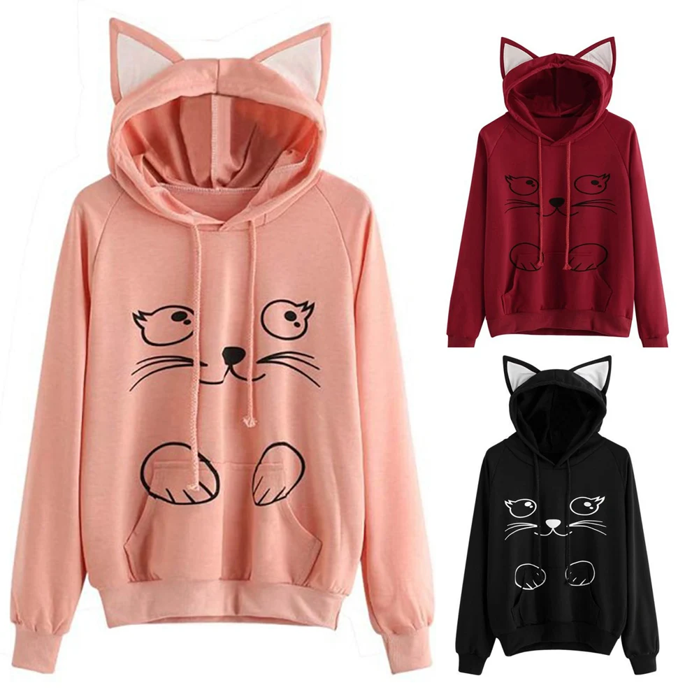 Women Winter Casual Hoodies Cat Ears Cat Print Hoodie Long Sleeved ...