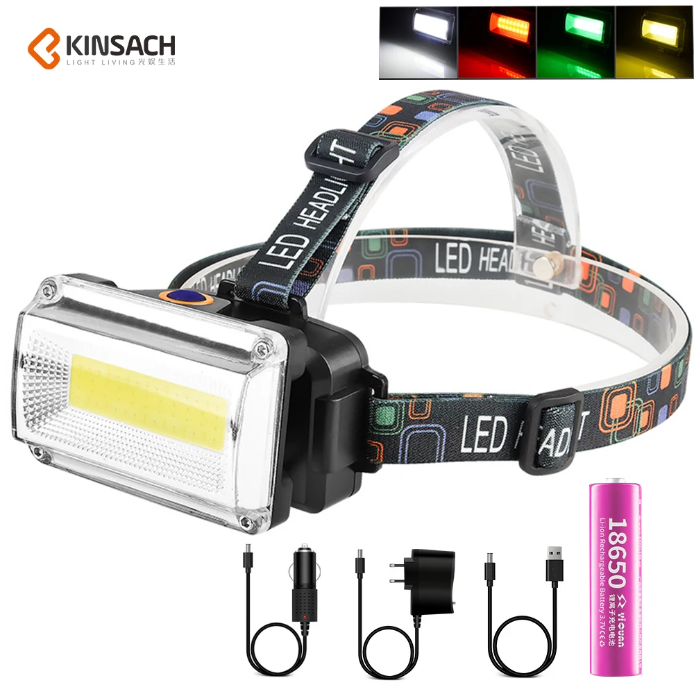 

COB work LED Headlight Headlamp DC Rechargeable Head Lamp 4 Mode use 18650 Battery Waterproof Hunting Fishing Lighting