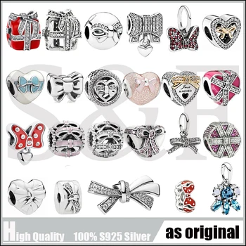

100% 925 Sterling Silver Brilliant Bow Charm With Clear CZ Fit Original Women Pandora Bead Bangle Bracelet DIY Jewelry Making