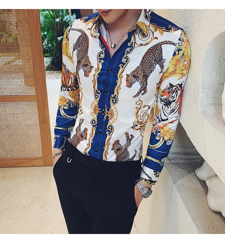 Гавайская рубашка, повседневная мужская рубашка, Мужская одежда, Camisa Homem, весна, уличная одежда, длинный рукав, принт с животными, мужская рубашка