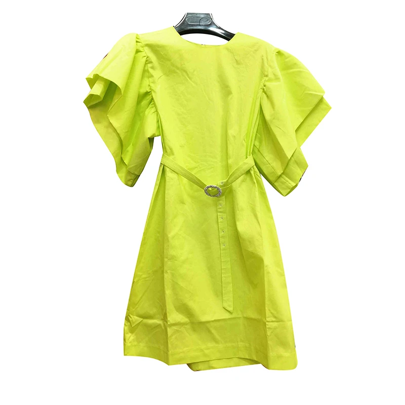 Fluorescent green TWOTWINSTYLE женское платье с рюшами и круглым вырезом, пышное платье с коротким рукавом и высокой талией с поясом, мини женские платья, осень, Новинка - Цвет: Fluorescent green