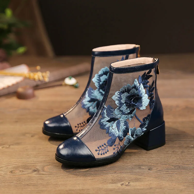 Phoentin/ботильоны из натуральной кожи с вышитыми голубыми цветами; летние ботиночки на молнии; сетчатая лоскутная обувь; женская обувь размера плюс; FT733
