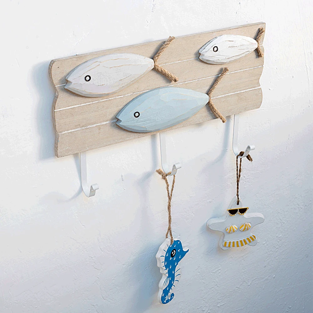 Towel With 3 Hooks Key Rack Decoration Hat Wall Mount Organizer Wood Hanger Bag Fish Bone Home Coat DIY