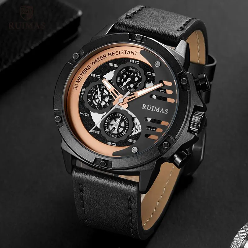 Ruimas военные спортивные часы мужские из натуральной кожи кварцевые наручные часы мужские Relogio Masculino часы лучший бренд роскошные часы мужские 568