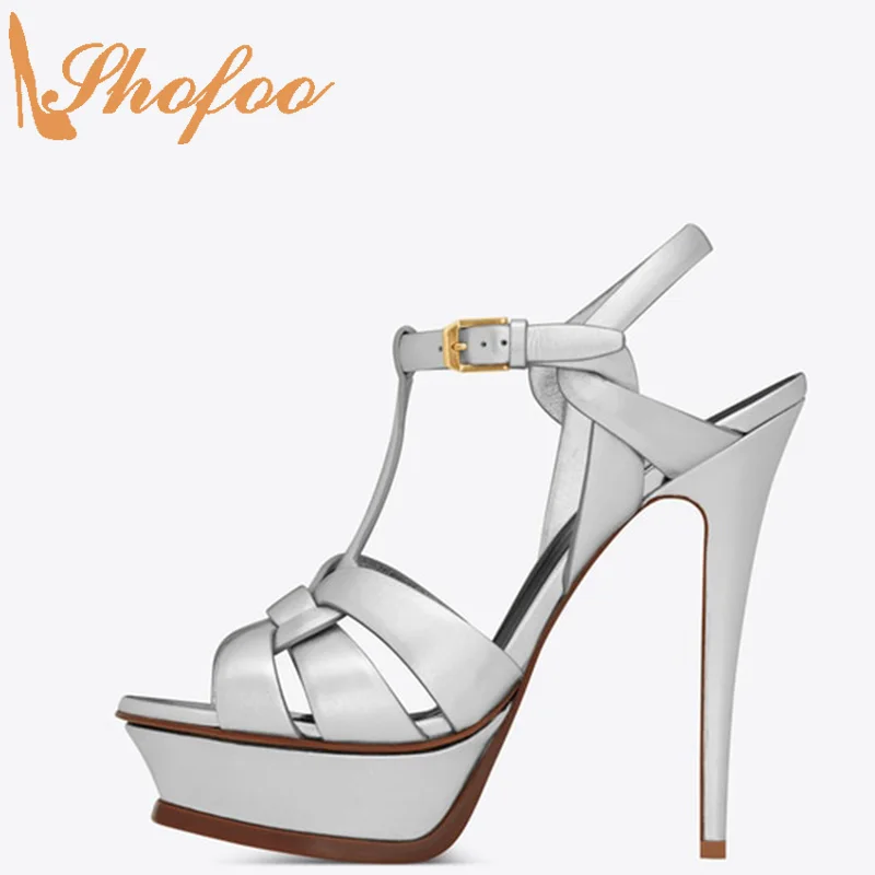 

Silver Platform Stiletto Women Sandals High Heels Patent Buckle Strap Shoes Plus Size 14 16 Ladies Fashion Mature T-Strap Shofoo