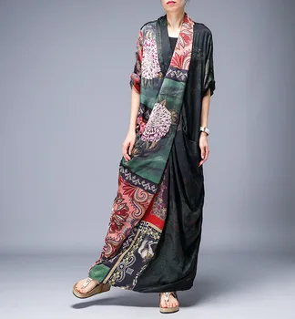 

Women Vintage Maxi Dress Print Floral Robes Spring Summer New High Quality Asymmetrical Long Silk Mermaid Dresses