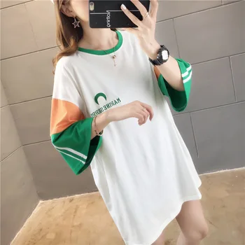 

2020 New Summer Cotton Loose Oversize Women T-shirt Casual Style Patchwork O Neck Letter Embroidery Korean Clothes Free Shipping