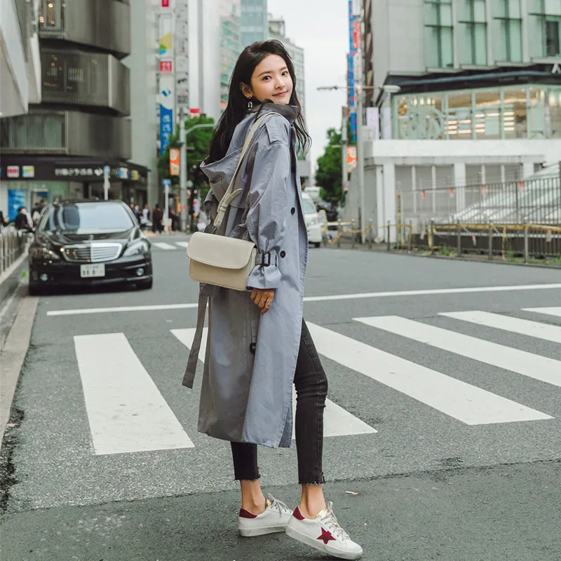 

Korean-style Elegant Waist Hugging CHIC Trench Coat Women's Mid-length 2019 New Style over-the-Knee Thin Hooded Casual Coat Spri