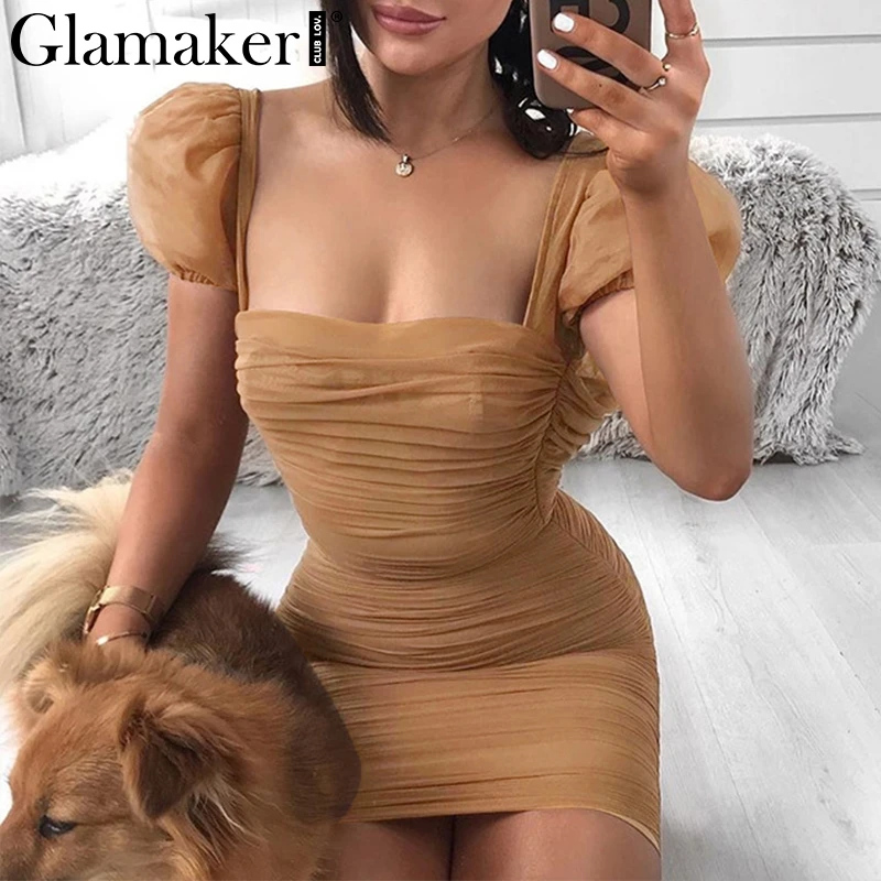 Glamaker, Сетчатое сексуальное мини-платье цвета хаки с рукавами-фонариками, праздничное женское винтажное летнее короткое платье, женские элегантные вечерние Клубные платья
