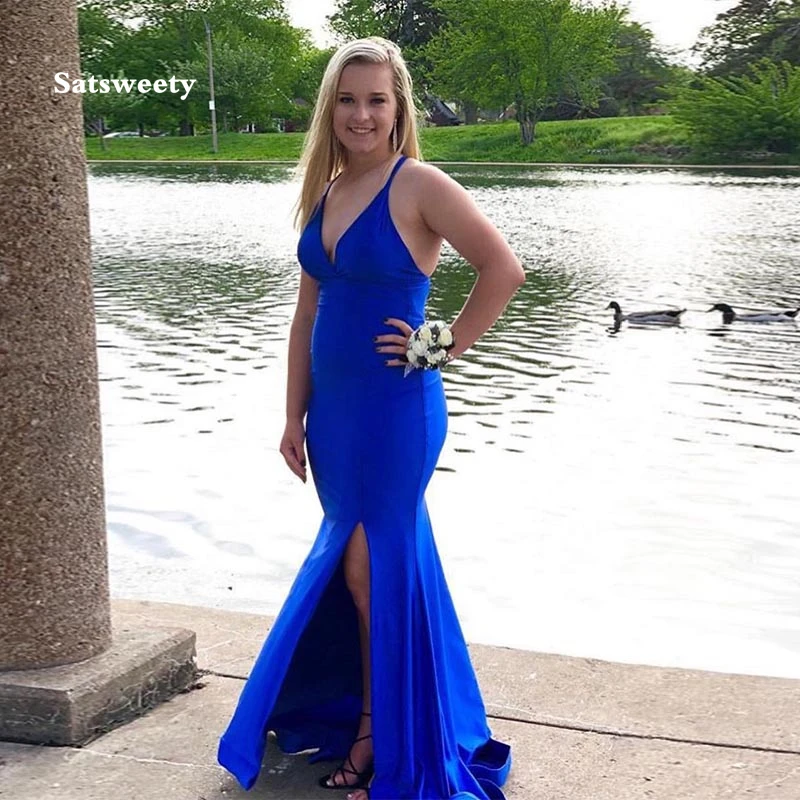 Sexy-V-neck-Royal-Blue-Evening-Dress-Sleeveless-Front-Split-Vestido-De-Noite-Full-Length-Women