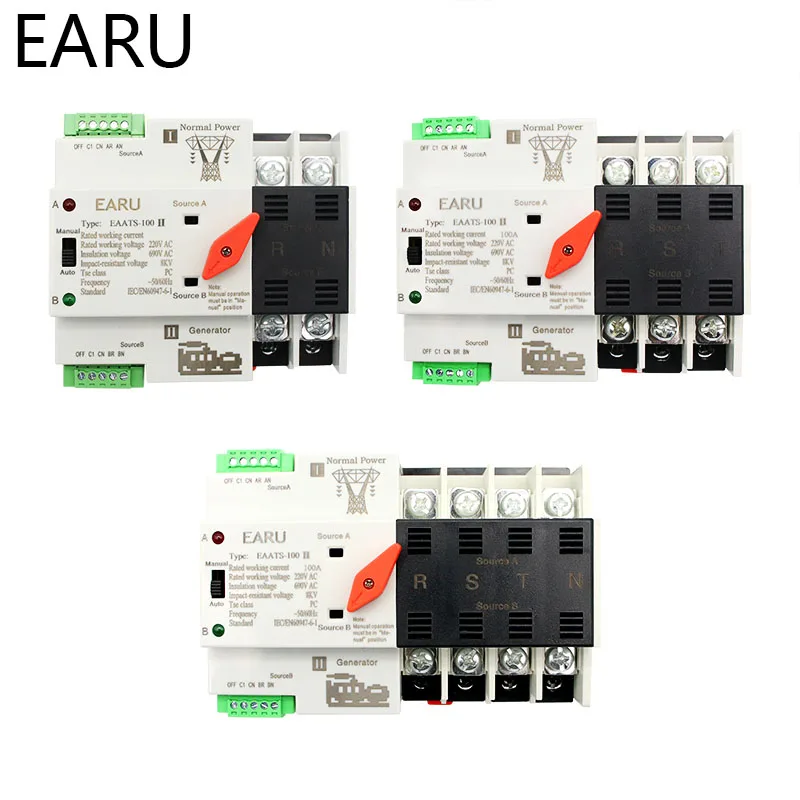

2/3/4P 100A 110V/220V Mini ATS Automatic Transfer Switch Electrical Selector Switches Dual Power Switch PV Solar Energy Din Rail