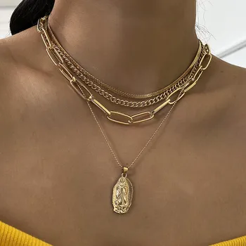 

4Pcs/Set Multi Layer Virgin Mary Pendant Necklace for Women 2020 Vintage Snake Chain Choker Necklace Statement Jewelry Gift