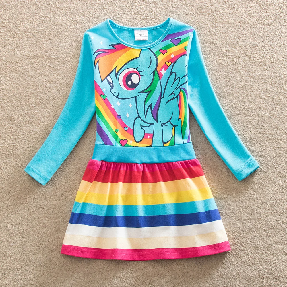 JUXINSU My Baby Girls Little Pony Cartoon Girl Rainbow Long Sleeve Dresses Pony Casual Dress Autumn Winter Home Wear 1-8 Years - Цвет: LH6218-SkyBlue-2