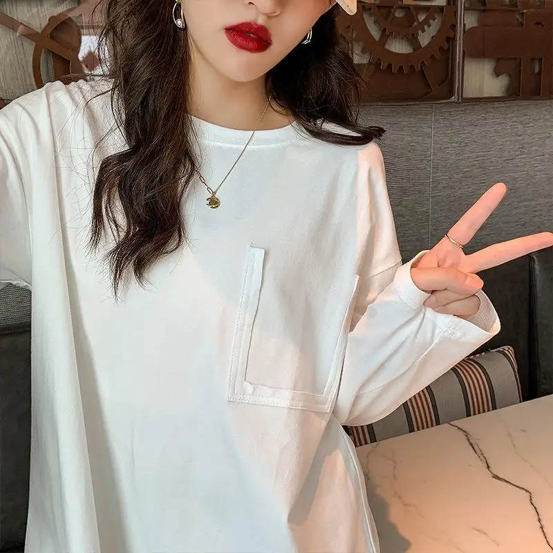 

Новинка весна-осень женская футболка с длинным рукавом женская белая универсальная заклеенная ткань в иностранном стиле свободный дизайн