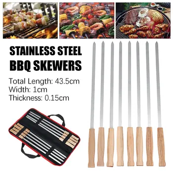 

New 8PCS 43.5cm Stainless Steel Wire BBQ Skewers Set Wood Handle Grill Roasting Sticks BBQ Tools Storage Bag Kit Outdoor Camping