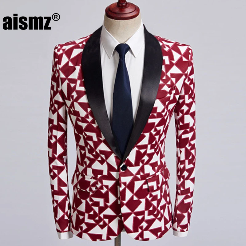Aismz Tide мужской модный синий бамбуковый повседневный костюм с принтом, куртка, костюм, Homme Botones Terno, Мужской Блейзер, Masculino, приталенный наряд - Цвет: 28-2
