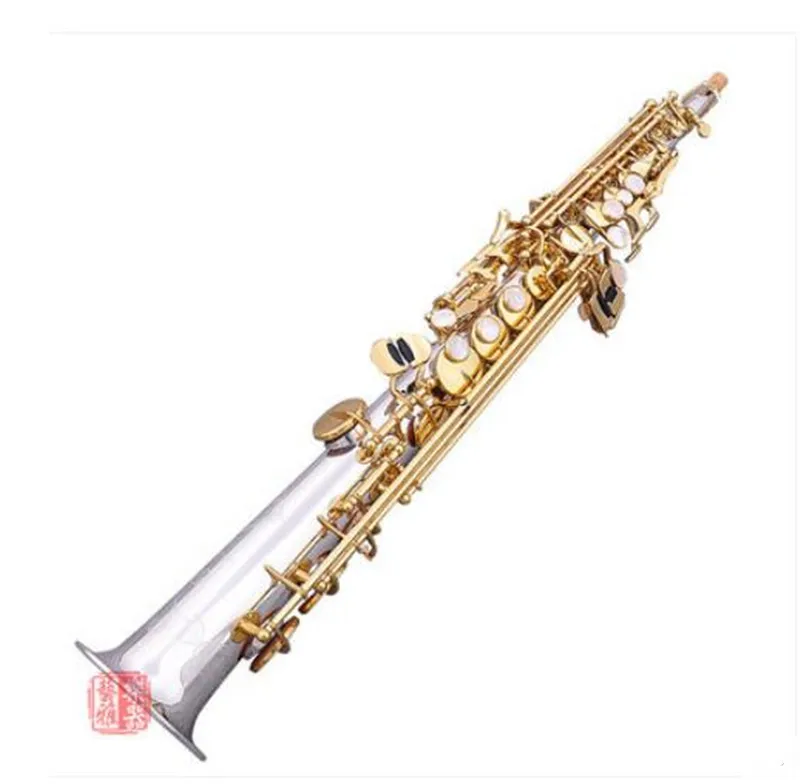 

Professional Soprano Saxophone S-9930 S-WO3 B(B) Silver Plated Gold Key Straight Sax Musical Instruments Mouthpiece Free shippin