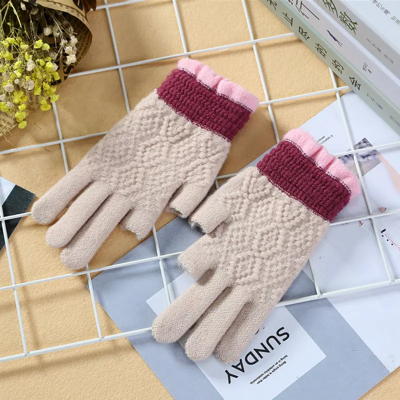 Beige Miya Mona,, новинка, женские, мужские, теплые, зимние, вязаные, полный палец, перчатки, варежки, для девушек, женские, одноцветные, шерстяные перчатки, экран, Luvas - Цвет: Beige