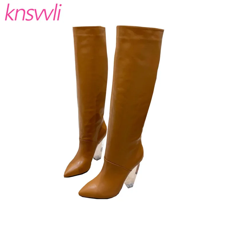 

New Clear Triangle Heels Runway Knee High Boots Woman Genuine Leather Long Boots Crystal Strange Style High Heel Botas Femininas