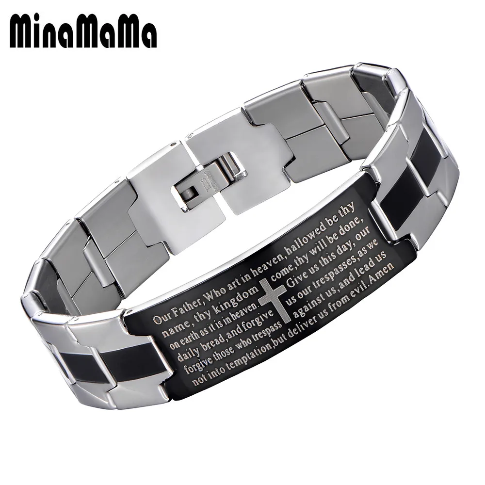 Христианский Крест шаблон из нержавеющей стали Библейский браслет в черном цвете Священное Писание Религиозный браслет модные ювелирные изделия