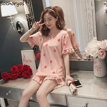 

Pajama Sets Summer Strawberry Printed Cute Korean Style Thin Loose Sweet Womens Home Clothing Female Trendy Soft Comfortable