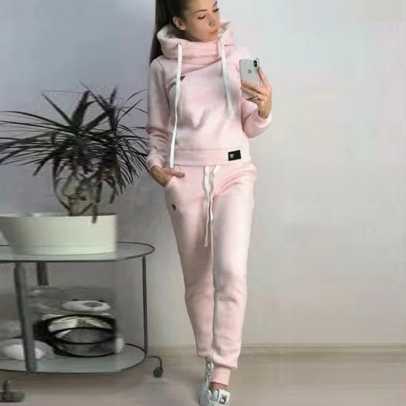 Pink ELSVIOS 5XL осень 2 шт. женский спортивный костюм Толстовка с капюшоном и брюки с эластичной талией наборы Зимний теплый пуловер Спортивная одежда Топ карман - Цвет: Pink