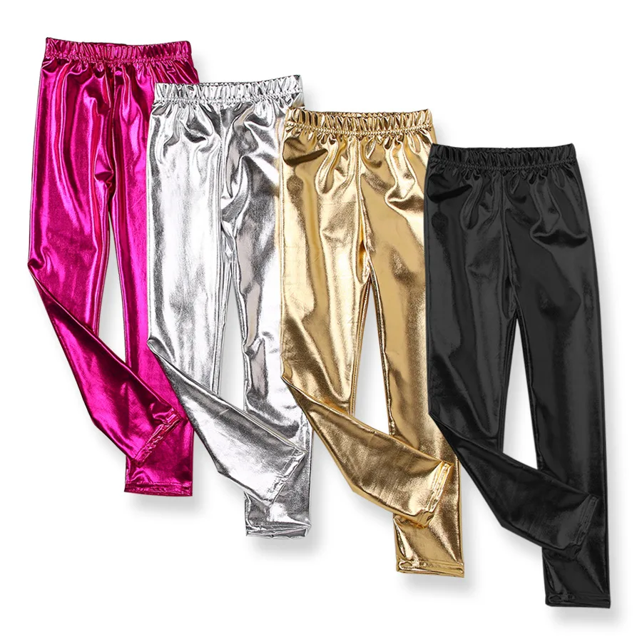 Spring And Summer Korean Star Metal Texture Children's Leggings Skinny Girls Pants Gold Silver Pants