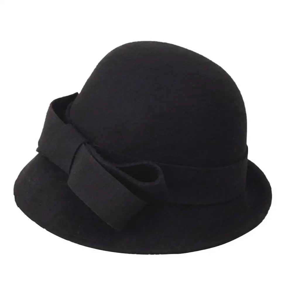 Black New Elegant Wool Fashion Style Hat Bucket Cap Women Bow Knot French Wool Cap Autumn Winter Bowler Hats In Stock - Цвет: Black